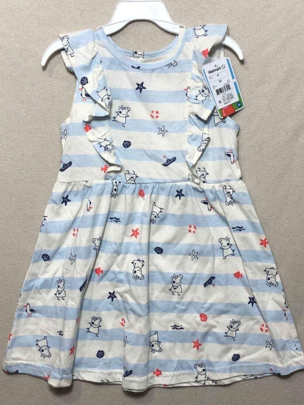Peppa Pig Dress Girls 4T Blue White Striped Ruffle Sleeve Cotton Blend NEW